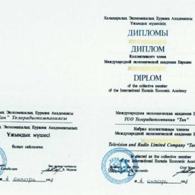 Диплом Члена-Корреспондента Международной Экономической Академии Евразии 4 января 1998 года